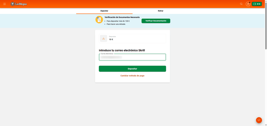 Vinculación de Skrill para realizar un depósito Captura del proceso de depósito en LeoVegas España donde se solicita el correo electrónico asociado a la cuenta de Skrill.
