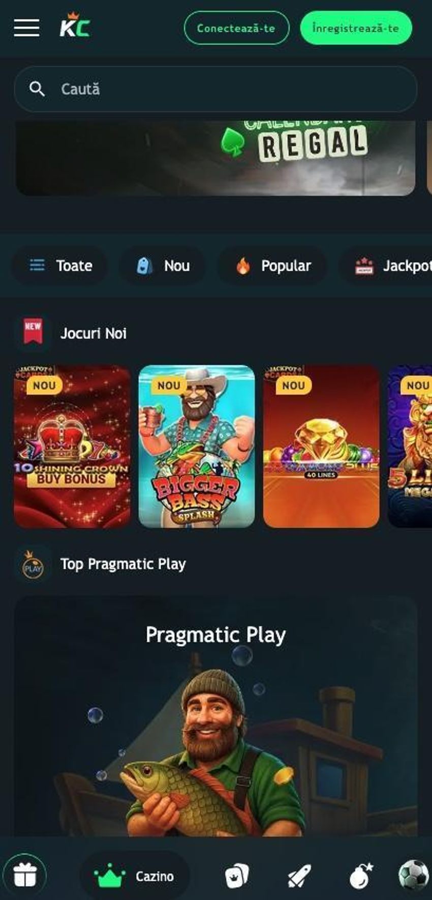 Versiunea mobilă KingCasino cu jocuri noi, categorii de cazinou, jackpoturi și secțiunea Pragmatic Play.