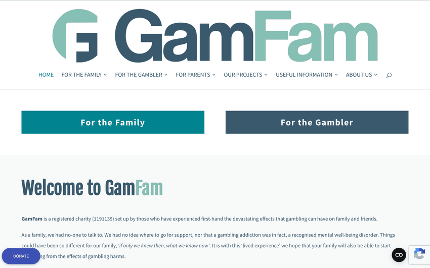 Screenshot of the GamFam website homepage showing navigation menu, “For the Family” and “For the Gambler” sections, and an introduction to the charity’s mission