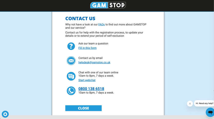 GamStop contact page with phone, email, and webchat details