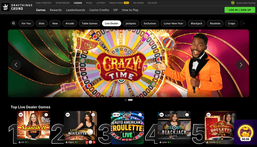 Screenshot of DraftKings Michigan live dealer games section