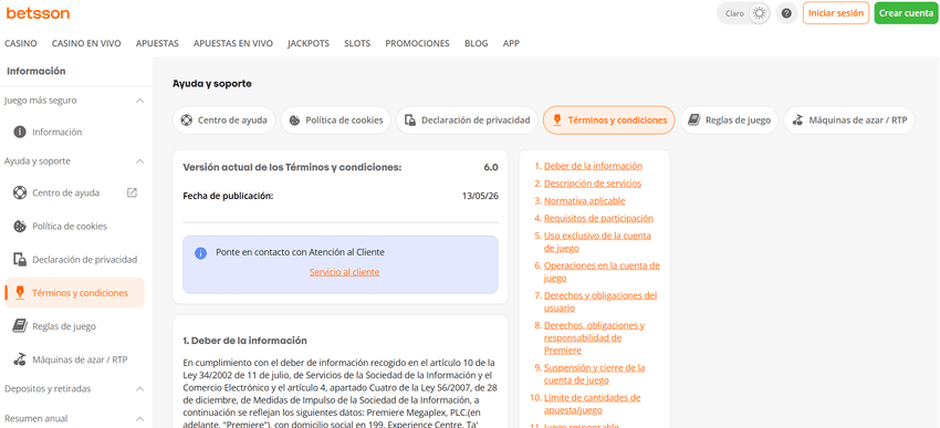 Página de términos y condiciones de Betsson España versión 6.0