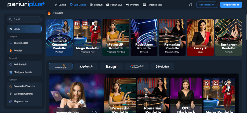 Lobby-ul Live Casino PariuriPlus cu ruletă, blackjack și furnizori precum Pragmatic Play, Playtech și Evolution