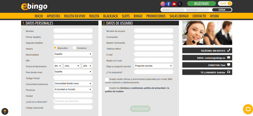 Registro de usuario en eBingo Formulario de registro de eBingo con datos personales, información de usuario y contacto.