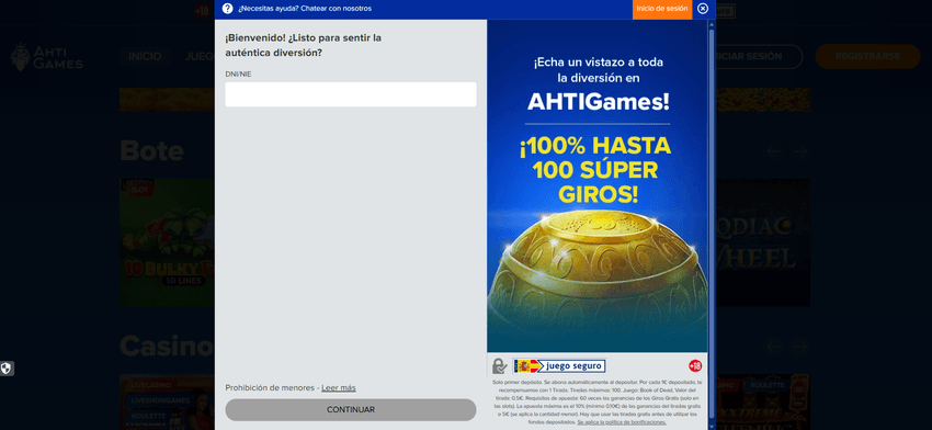Formulario de registro de AHTI Games con campo para DNI o NIE y promoción de bienvenida