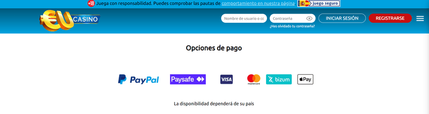 Métodos de pago disponibles en EUcasino Métodos de pago de EUcasino con PayPal, Paysafecard, Visa, Mastercard, Bizum y Apple Pay