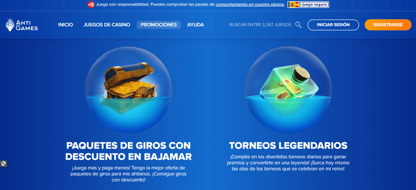 Página de promociones de AHTI Games con paquetes de tiradas y torneos