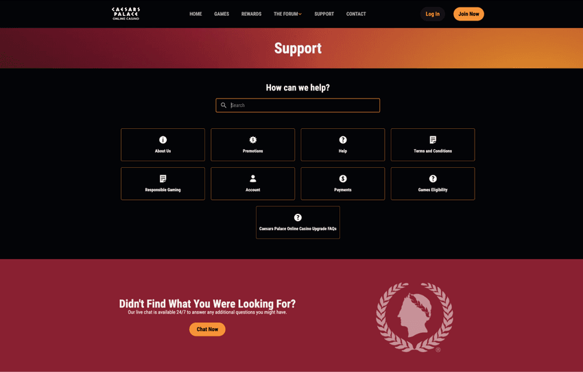 Caesars Palace Online Casino Michigan customer support page featuring help resources and contact options
