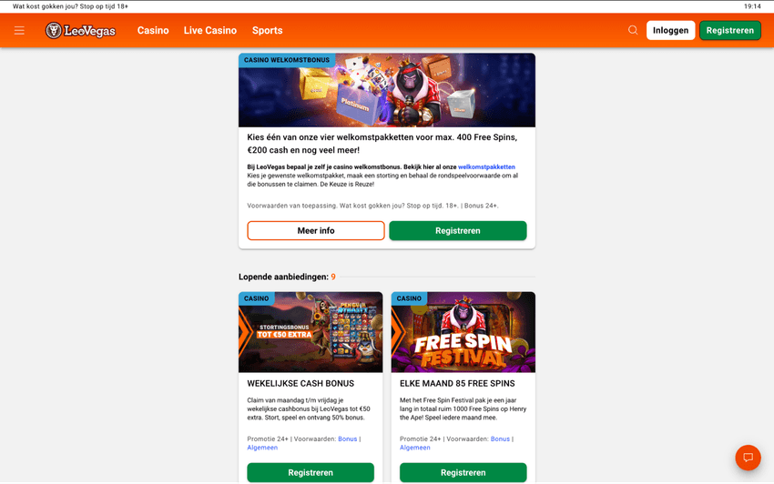 Screenshot van de bonuspagina van LeoVegas Casino met promoties en aanbiedingen