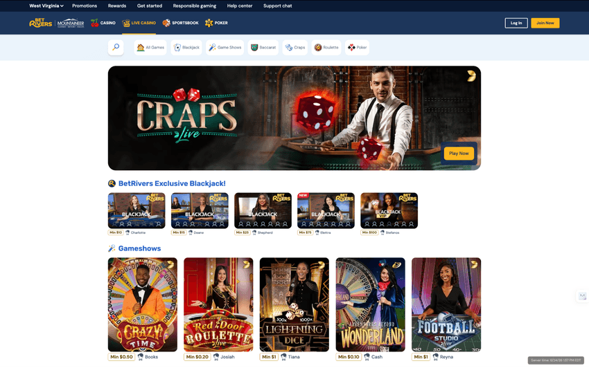 BetRivers Casino West Virginia live dealer and table games lobby featuring real-time casino action hosted by professional dealers.