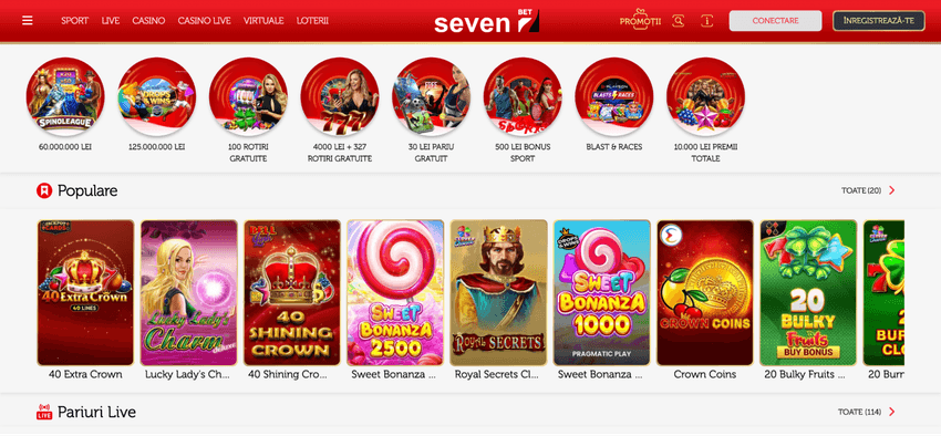 Seven – jocuri populare pe homepage Pagina principală Seven cu promoții circulare și secțiunea Populare cu sloturi precum 40 Extra Crown și 40 Shining Crown