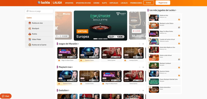Página principal de Luckia España – Casino online y apuestas deportivas Captura de la página principal de Luckia España con ofertas de bienvenida, navegación hacia casino online y apuestas deportivas, banners promocionales, eventos deportivos y catálogo de slots y juegos de casino.