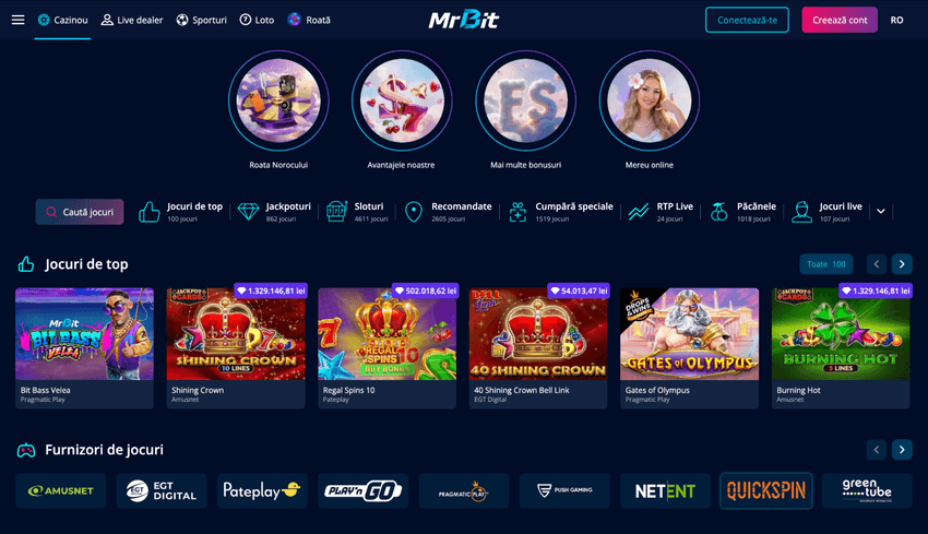 Pagina principală a cazinoului Mr Bit cu meniul de jocuri și secțiuni principale