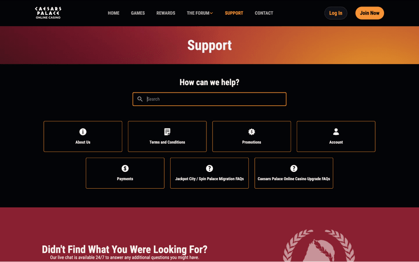 Caesars Palace Online Casino West Virginia support page displaying customer service options and help resources.
