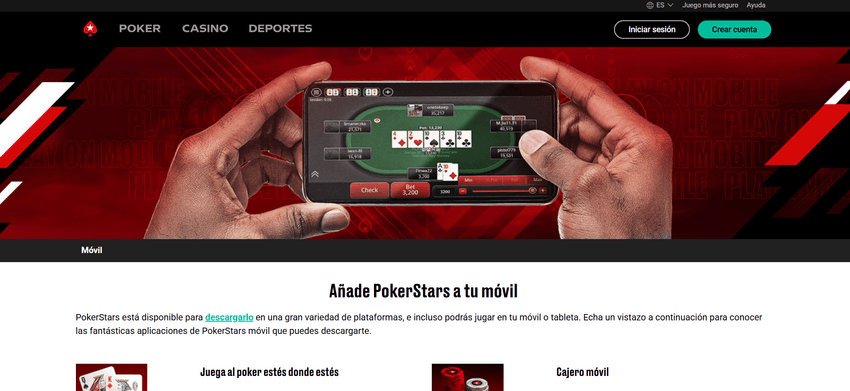 Versión móvil de PokerStars mostrando juego de póker en smartphone.