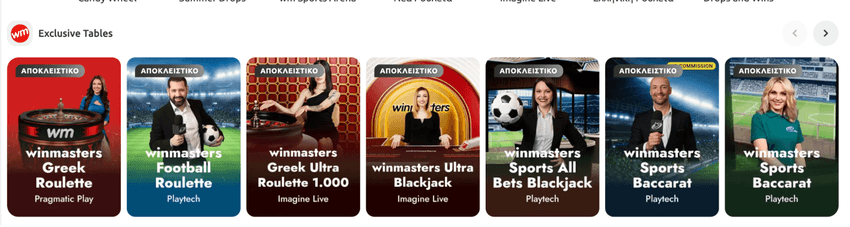 Αποκλειστικά live τραπέζια της Winmasters με Greek Roulette, Football Roulette, Greek Ultra Roulette 1.000, Ultra Blackjack και Sports Baccarat.