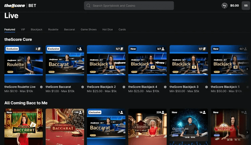 theScore Bet Live Dealer Casino theScore Bet live dealer lobby displaying blackjack, roulette, baccarat, and live game show tables.