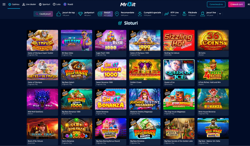 Pagina de sloturi Mr Bit cu titluri populare și jackpoturi
