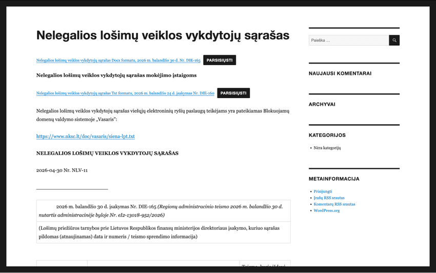 Lošimų priežiūros tarnybos (LPT) puslapis su nelegalios lošimų veiklos vykdytojų sąrašu