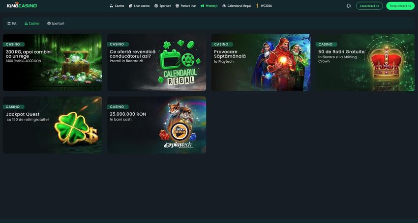 Pagina de promoții KingCasino cu rotiri gratuite, Calendarul Regal, provocări săptămânale și promoții Playtech.