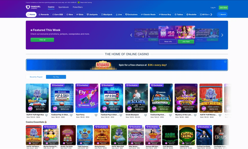 FanDuel Casino West Virginia game lobby featuring slots, table games, and live dealer categories.