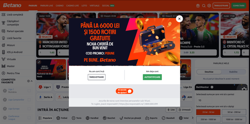 Pop-up Betano Casino cu bonus de bun venit