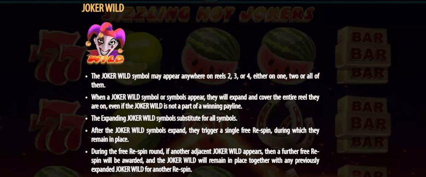Simbolul Joker Wild expandabil în slotul Sizzling Hot Jokers Daily Jackpot și descrierea funcției de respin.