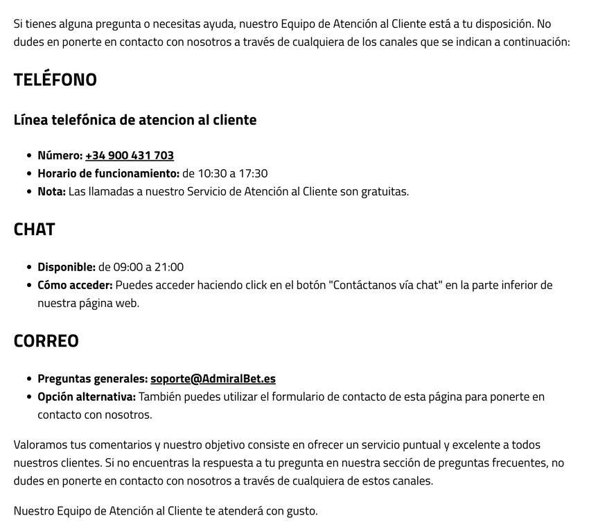 Canales de atención al cliente de AdmiralBet con teléfono, chat y correo electrónico