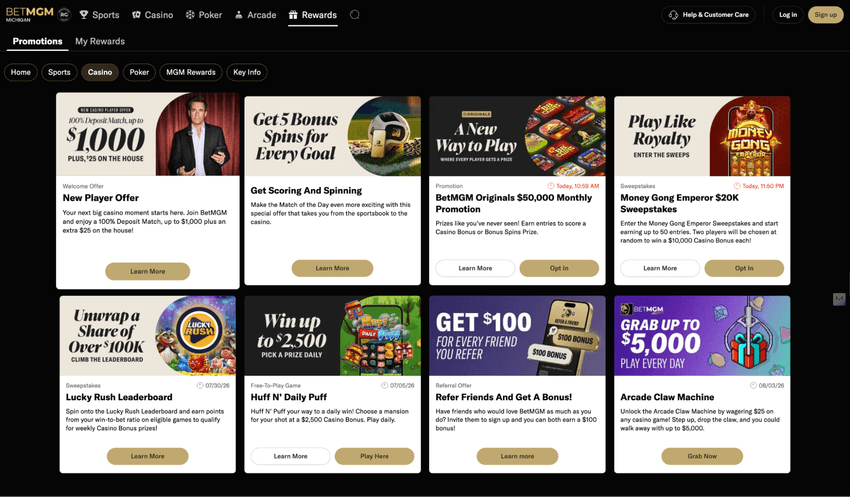 BetMGM Casino Promotions and Bonuses BetMGM Casino Michigan promotions page highlighting bonus offers, rewards, and ongoing player incentives.