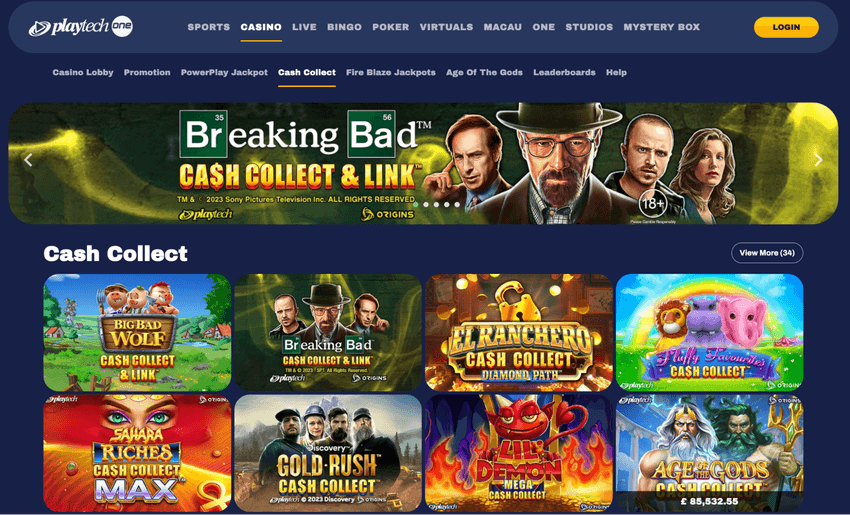 Playtech – colecția Cash Collect Pagina Playtech Cash Collect cu jocuri precum Breaking Bad, Big Bad Wolf și Sahara Riches