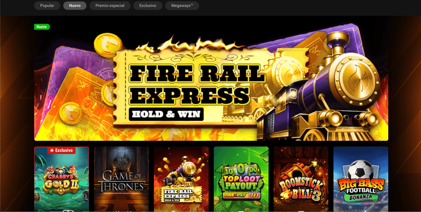 Sección de novedades de PokerStars destacando la tragamonedas Fire Rail Express Hold & Win.