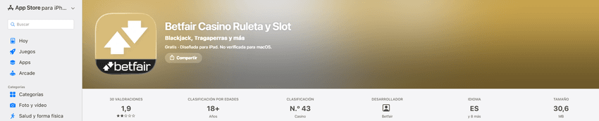 Ficha técnica de la app Betfair Casino Ruleta y Slot en la App Store de Apple para iPhone, mostrando una valoración baja de 1.9 estrellas.