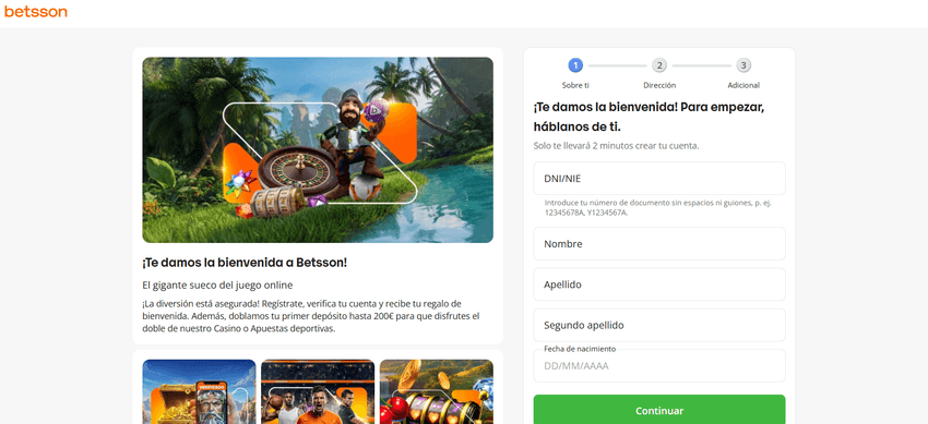Formulario de registro de Betsson España con campos de DNI y datos personales