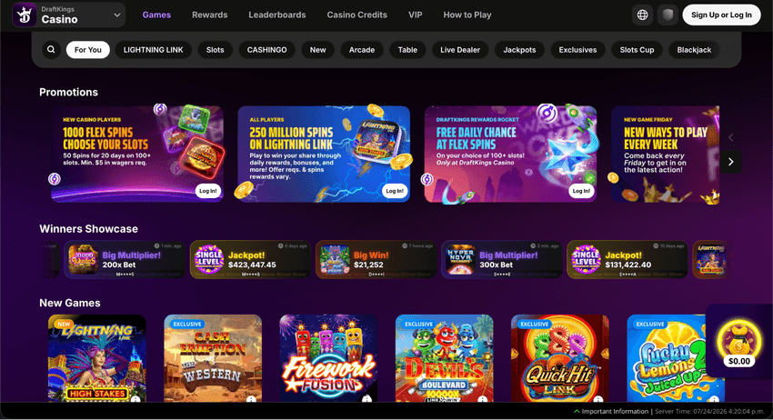 DraftKings Casino West Virginia lobby showing promotions, jackpots, new games, and exclusive casino titles.
