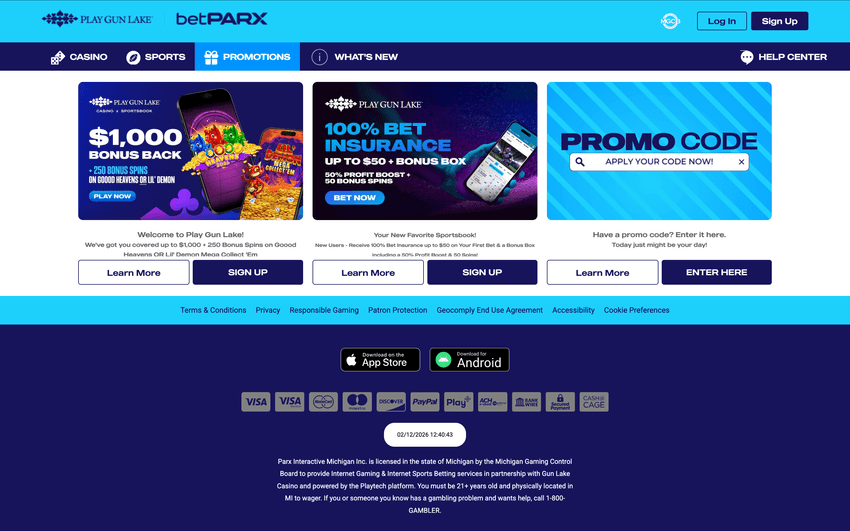 Play Gun Lake casino page displaying all available bonuses for Michigan players