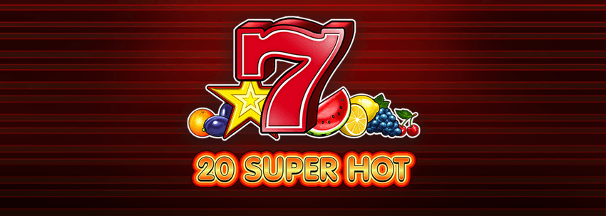 20 Super Hot – logo oficial al slotului Logo-ul slotului 20 Super Hot cu șeptar roșu și simboluri de fructe