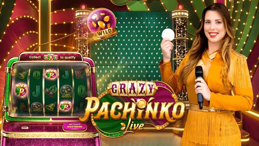 Crazy Pachinko Προωθητική εικόνα του Crazy Pachinko με παρουσιάστρια, slot-style bonus στοιχεία και λαμπερό στούντιο.