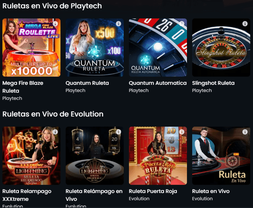 Ruletas en vivo de Playtech y Evolution en Casino777 Sección de Casino en Vivo de Casino777 estructurada en dos filas diferenciadas: una para las mesas con crupier real provistas por el software de Playtech y otra para las retransmisiones en alta definición de Evolution Gaming.