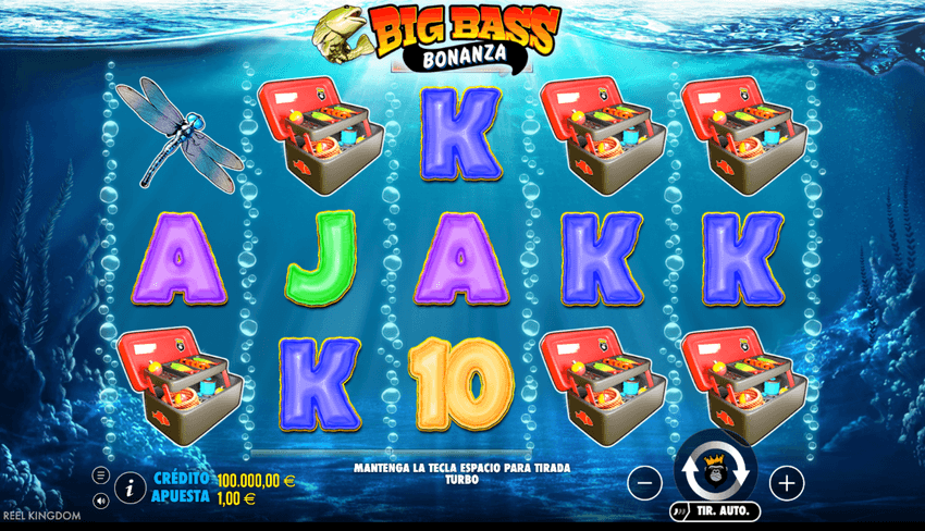 Big Bass Bonanza de Pragmatic Play Pantalla de Big Bass Bonanza de Pragmatic Play con símbolos de pesca y comodines coleccionables