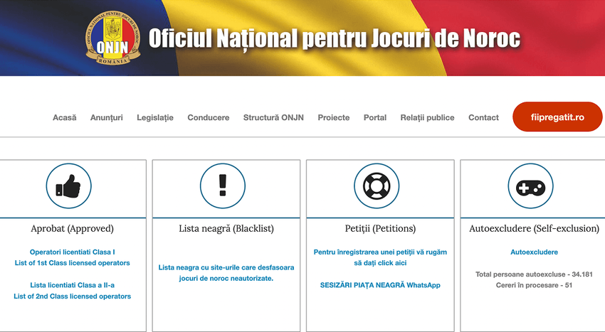ONJN România – Licențe, Lista Neagră și Joc Responsabil Pagina oficială a Oficiului Național pentru Jocuri de Noroc cu secțiuni despre licențe, lista neagră și autoexcludere