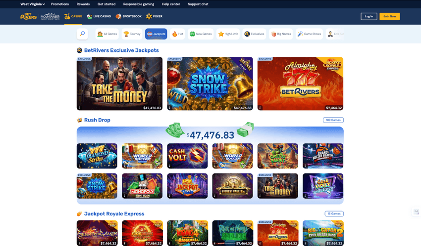BetRivers Casino West Virginia jackpot games section featuring progressive slots and large prize pools.