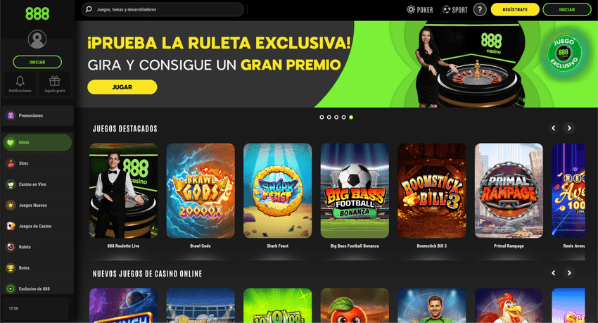 Página de inicio de 888 Casino con juegos destacados, promociones y menú de navegación
