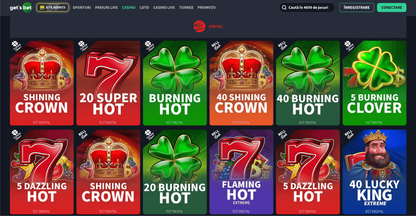 Jocuri EGT Digital la GetsBet Categorie EGT Digital la GetsBet cu Shining Crown, 20 Super Hot, Burning Hot, 40 Shining Crown și 5 Burning Clover.