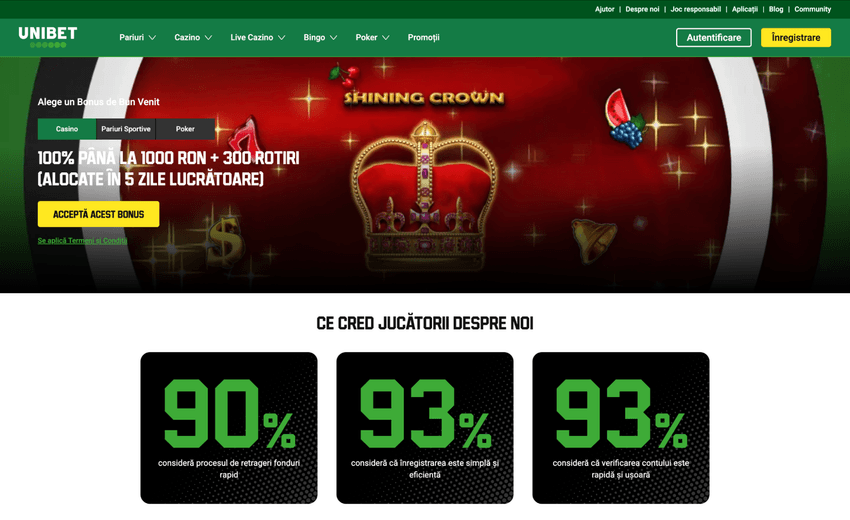 Bonus Unibet cu rotiri gratuite la sloturi precum Shining Crown