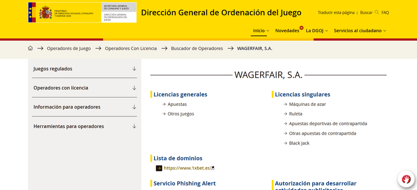 Página de la DGOJ que muestra las licencias de juego de Wagerfair S.A., operador de 1xBet en España.