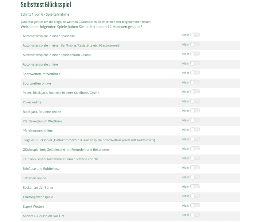 Selbsttest Glücksspiel – Erkennen Sie Ihr Spielverhalten frühzeitig Screenshot eines Online-Selbsttests zum Thema Glücksspiel, zeigt Fragen zu Spielarten und Teilnahmeverhalten der letzten 12 Monate, Teil des Angebots von Bundesweit gegen Glücksspielsucht