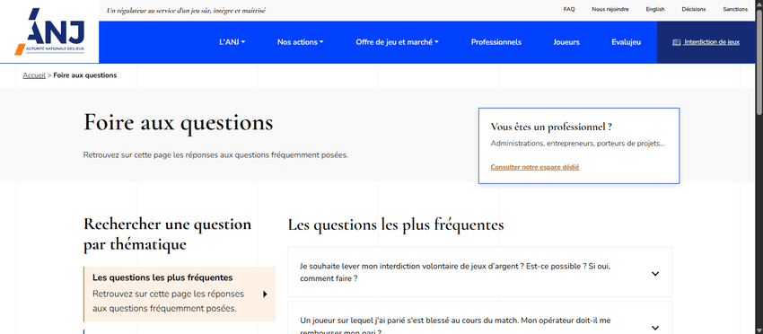 Foire aux questions Autorité nationale des jeux FAQ ANJ questions fréquentes joueurs
