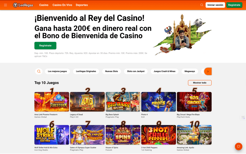 Captura de la página principal de LeoVegas España con el mensaje “¡Bienvenido al Rey del Casino!”, promoción de bono de bienvenida de hasta 200€