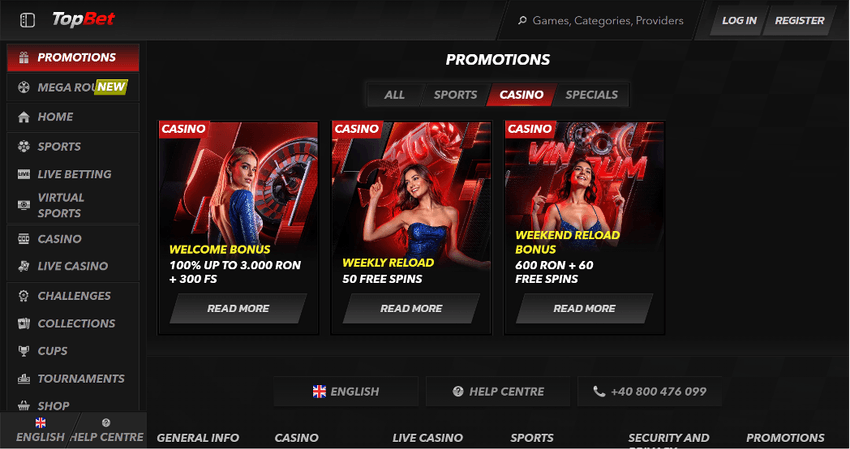 Pagina de promoții TopBet cu bonusuri pentru cazino