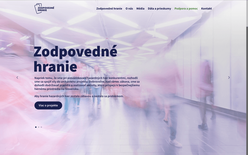 creenshot hlavnej stránky projektu Zodpovedné hranie s informáciami o prevencii, pomoci pri problémoch s hazardom a nástrojoch zodpovedného hrania